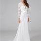 Beach Royal Style Boho Wedding Dresses Sheath / Column Illusion Neck Long Sleeve Sweep / Brush Train Chiffon Bridal Gowns With Lace
