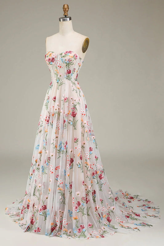 Tulle Train Long Wedding Dress with Embroidery With Flower