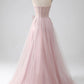 A Line Strapless Tulle Prom Dress Off Shoulder Long With Bow(s)