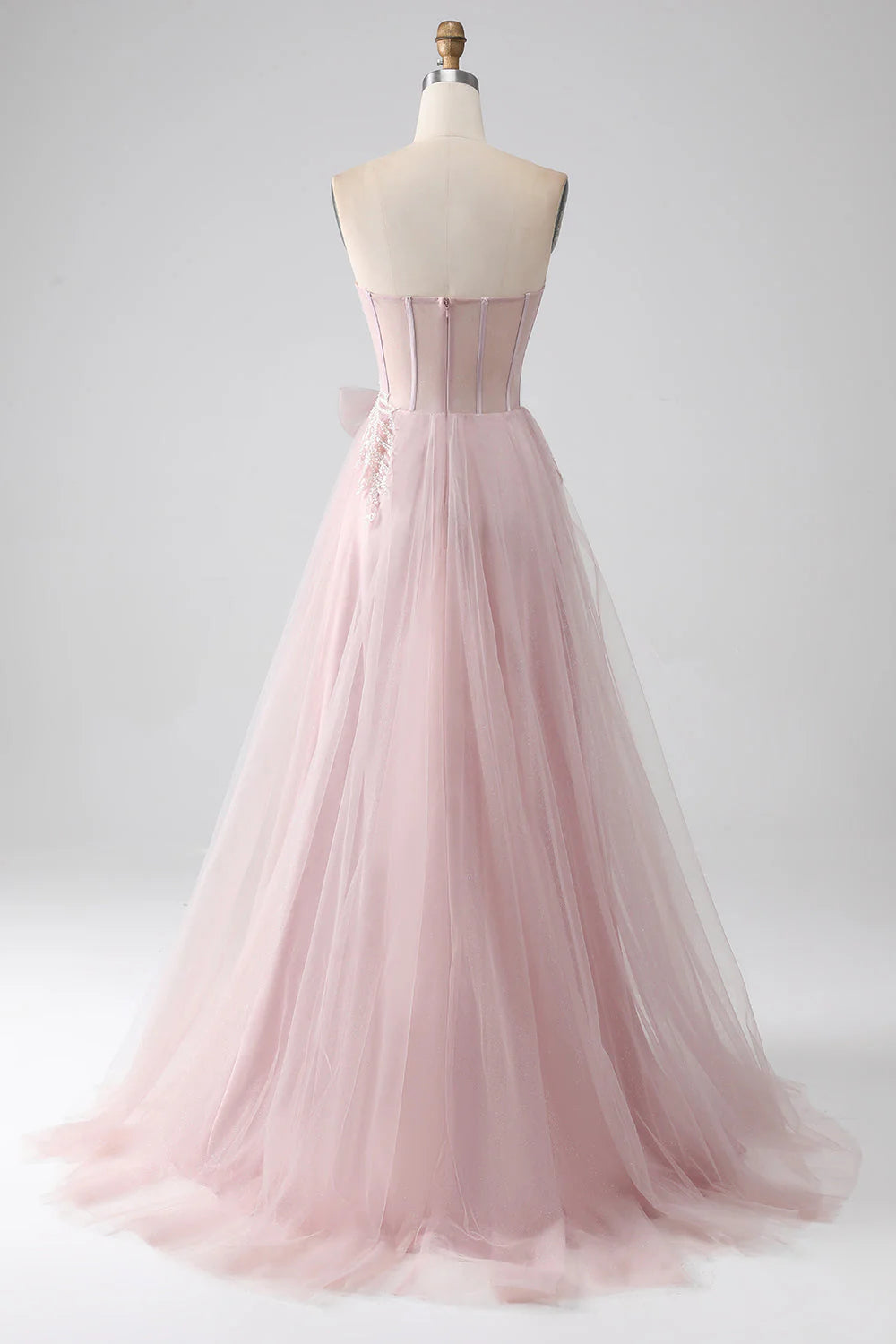 A Line Strapless Tulle Prom Dress Off Shoulder Long With Bow(s)