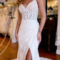 White Lace Queen Anne Mermaid Long Wedding Dress with Slit Sexy