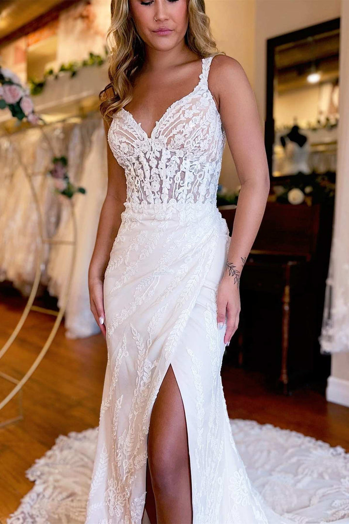 White Lace Queen Anne Mermaid Long Wedding Dress with Slit Sexy