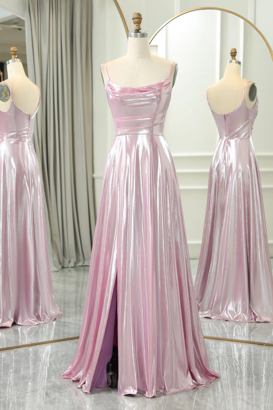 A-Line Spaghetti Straps Long Prom Dress With Slit Pure Color