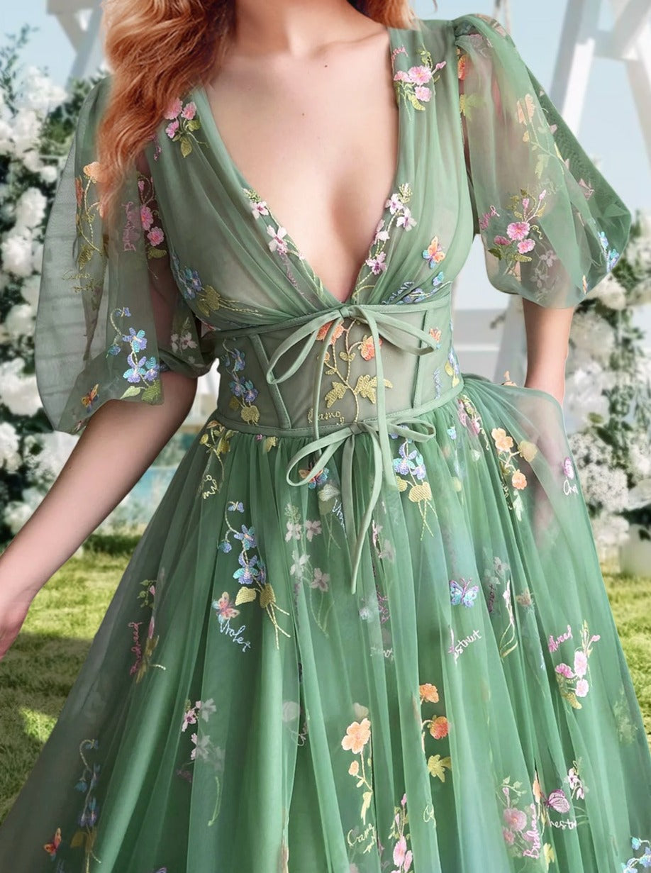 A-Line/Princess V-Neck Short Sleeves Floral Long Formal Prom Dresses With Flowers Sexy