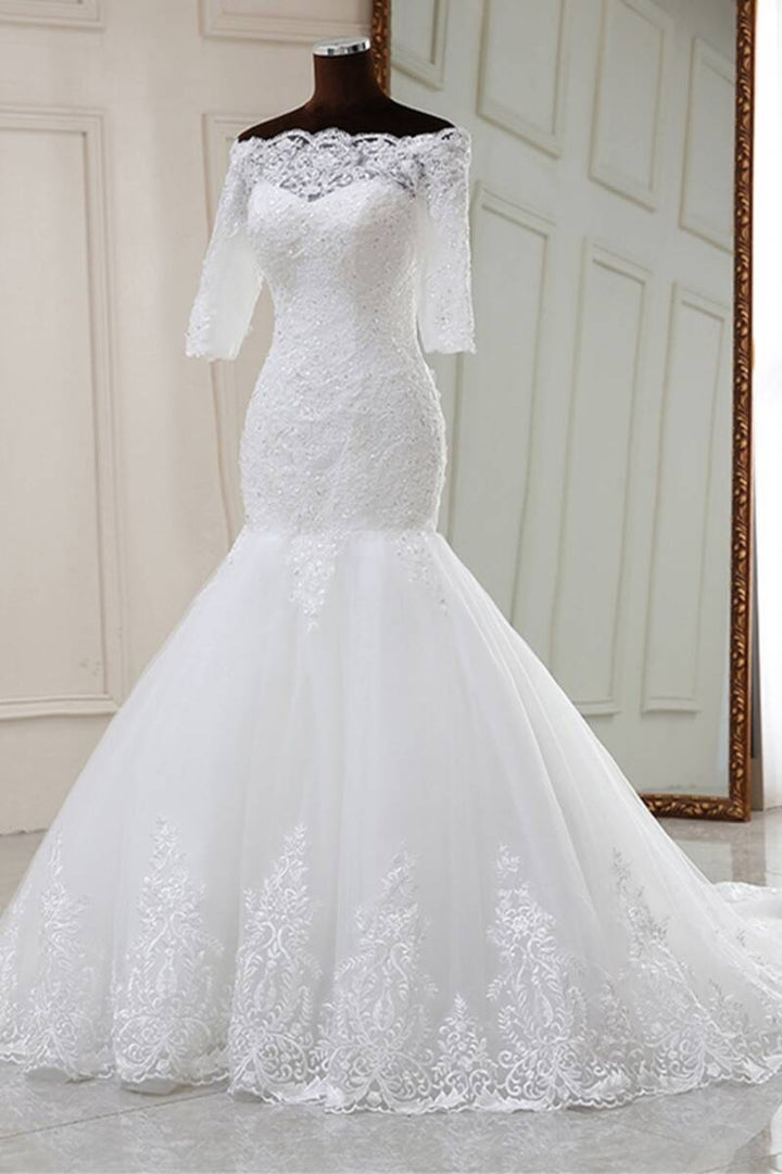 White Lace Off-the-Shoulder Half Sleeve Trumpet Wedding Dress Long