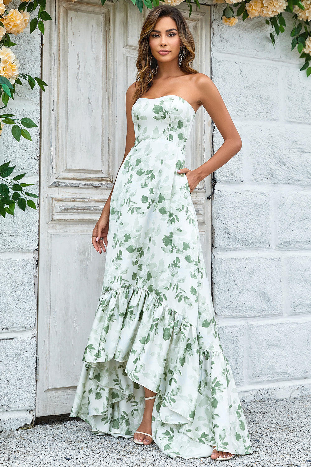 Green Asymmetrical Printed Long Bridesmaid Dress with Strapless Off Shoulder Party Dresses