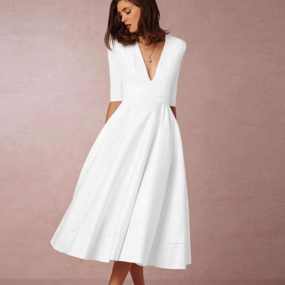 A-Line Special Occasion Dresses Party Dress Holiday Wedding Guest Tea Length Half Sleeve V Neck Pocket Jersey with Pleats White & Ivory