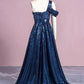 A-Line Evening Gown Elegant Dress Formal Floor Length Sleeveless One Shoulder Sequined with Glitter Slit