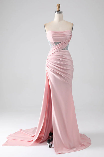 Mermaid Strapless Beaded Pleated Long Prom Dress With High Slit Off Shoulder