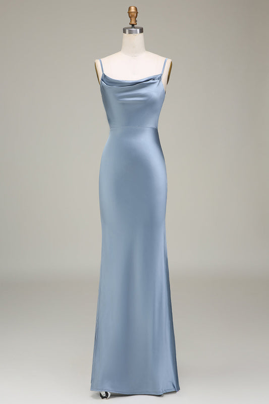 Dusty Blue Sheath Spaghetti Straps Long Satin Bridesmaid Dress Floor Length