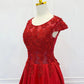 A-Line Scoop Neckline Satin Lace Long Prom Dress Red