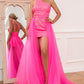 Hot Pink Detchable Train Prom Dress Sparkly Evening Dresses