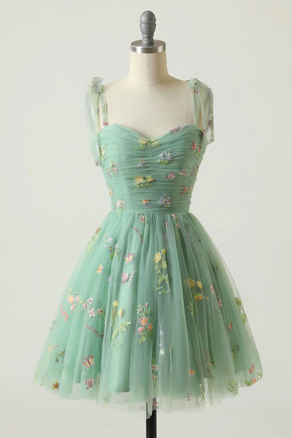 Cute Green A Line Spaghetti Straps Homecoming Dress with Embroidery With Flowers