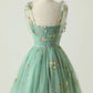 Cute Green A Line Spaghetti Straps Homecoming Dress with Embroidery With Flowers