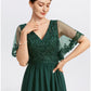 A-Line Mother of the Bride Dress Formal Wedding Guest Elegant Cape Dress V Neck Tea Length Chiffon Short Sleeve