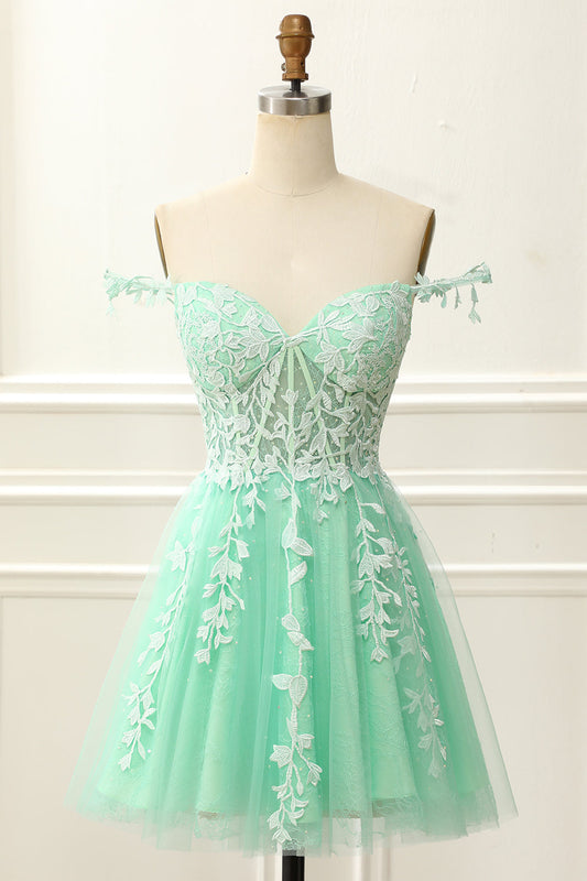 Off The Shoulder Corset Cute Homecoming Dress With Appliques Short