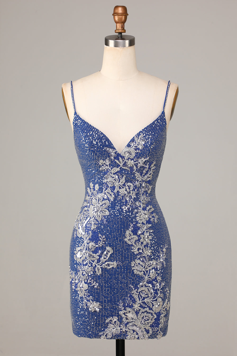 Sheath Spaghetti Straps Dark Blue Short Homecoming Dress With Embroidery V-neck