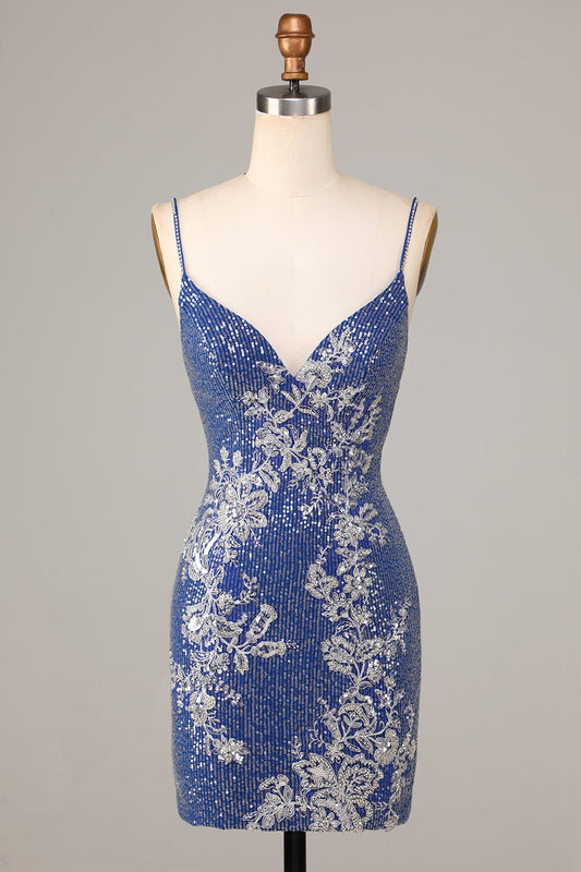 Sheath Spaghetti Straps Dark Blue Short Homecoming Dress With Embroidery V-neck
