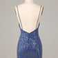 Sheath Spaghetti Straps Dark Blue Short Homecoming Dress With Embroidery V-neck