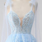 Spaghetti Straps Dark Blue Tiered Sequined Prom Dress with Appliques Sexy