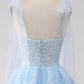 Spaghetti Straps Dark Blue Tiered Sequined Prom Dress with Appliques Sexy