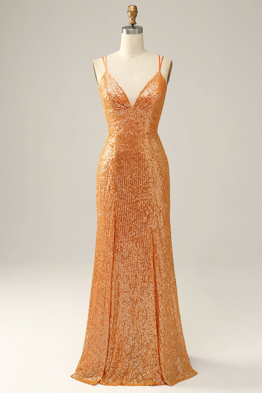 Orange Sequined Backless Mermaid Prom Dress Sparkly