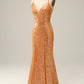 Orange Sequined Backless Mermaid Prom Dress Sparkly