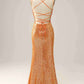 Orange Sequined Backless Mermaid Prom Dress Sparkly
