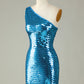 Glitter Royal Blue Sheath One Shoulder Sequins Tight Homecoming Dress Sparkly 