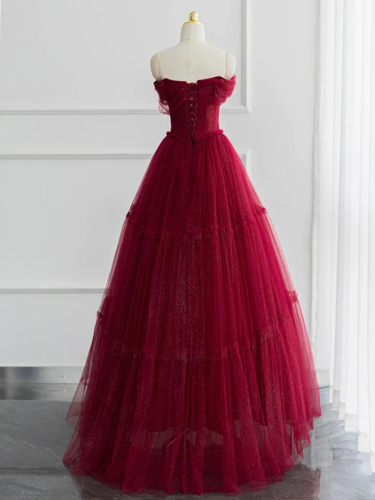 A-line Sweetheart Neck Tulle Long Prom Dress Off Shoulder