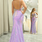Sparkly Purple Sequined Mermaid Long Corset Prom Dress With Slit Sexy