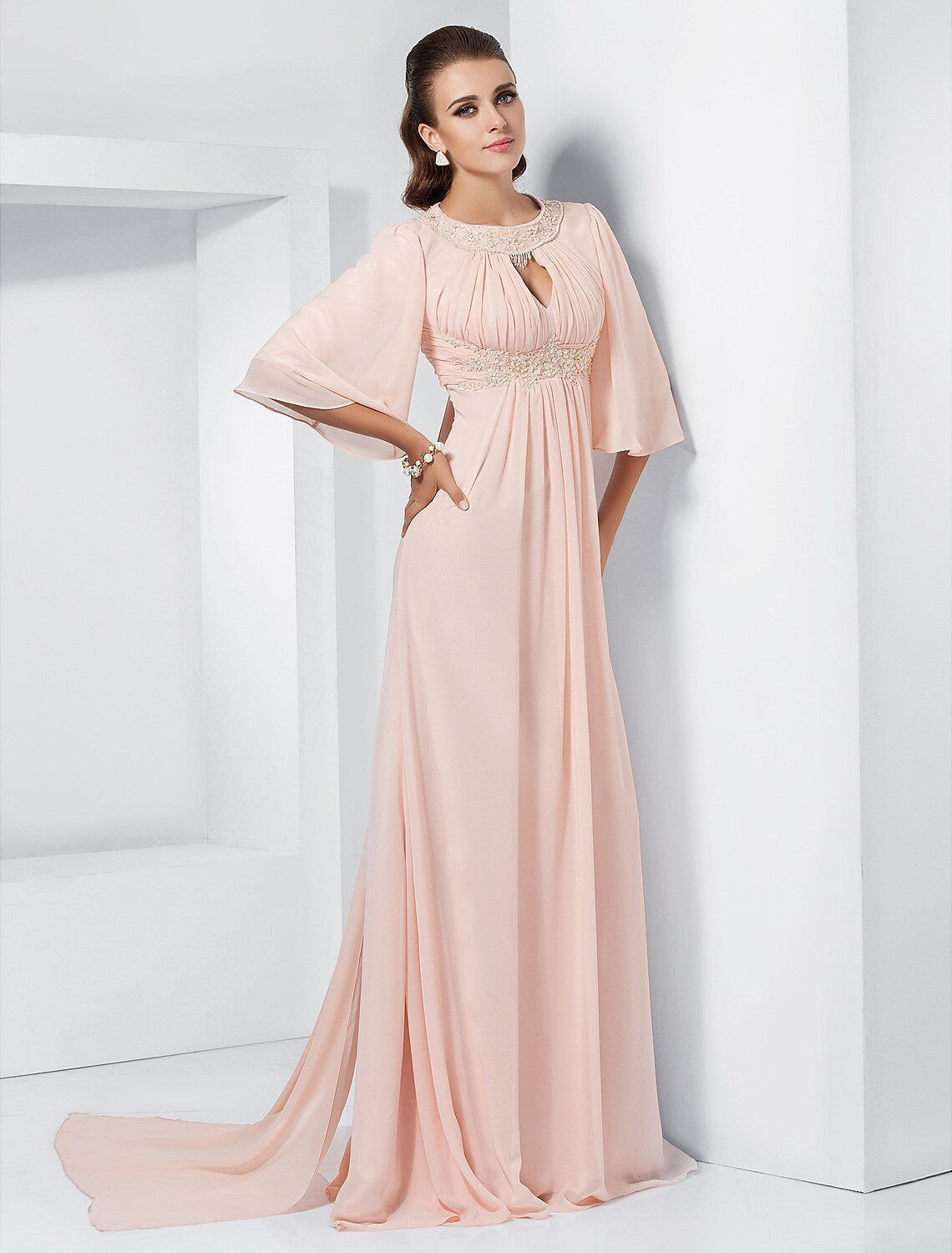 A-Line Special Occasion Dresses Elegant Dress Wedding Guest Sweep / Brush Train Half Sleeve Jewel Neck Chiffon with Beading
