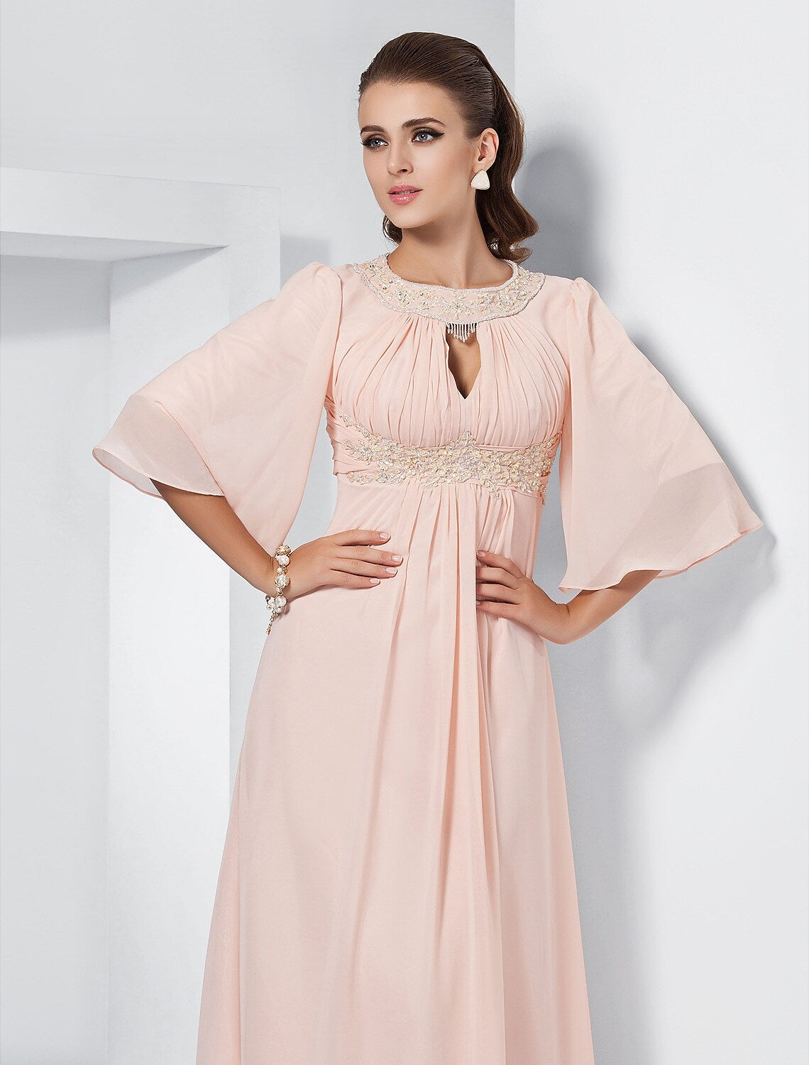 A-Line Special Occasion Dresses Elegant Dress Wedding Guest Sweep / Brush Train Half Sleeve Jewel Neck Chiffon with Beading