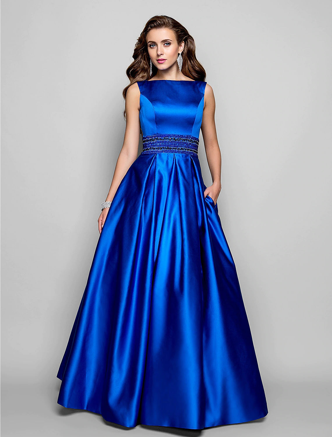 A-Line Elegant Dress Wedding Guest Floor Length Sleeveless Boat Neck Pocket Satin