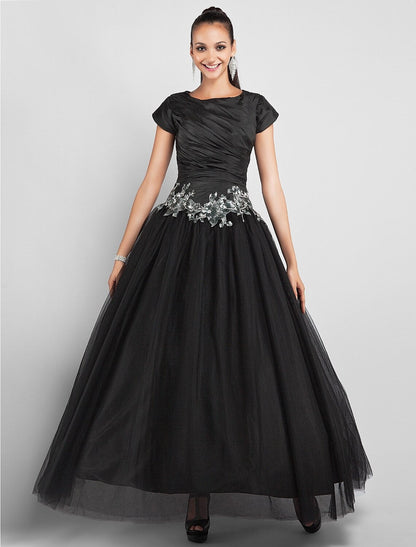 Ball Gown Little Black Dress Dress Prom Formal Evening Ankle Length Short Sleeve Jewel Neck Taffeta with Appliques