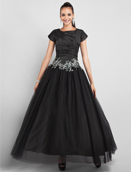 Ball Gown Little Black Dress Dress Prom Formal Evening Ankle Length Short Sleeve Jewel Neck Taffeta with Appliques