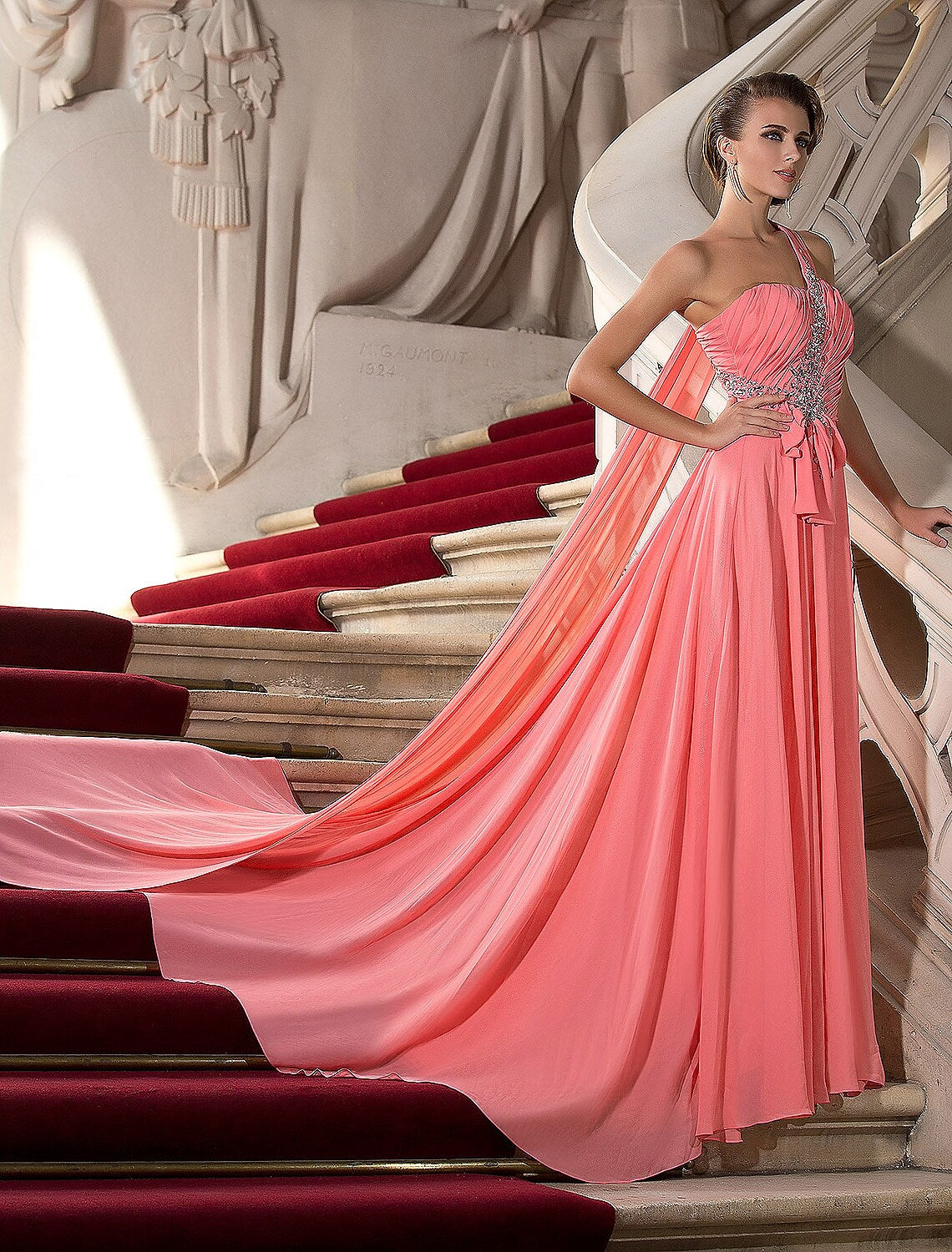 A-Line Elegant Dress Wedding Guest Court Train Sleeveless One Shoulder Chiffon with Crystals