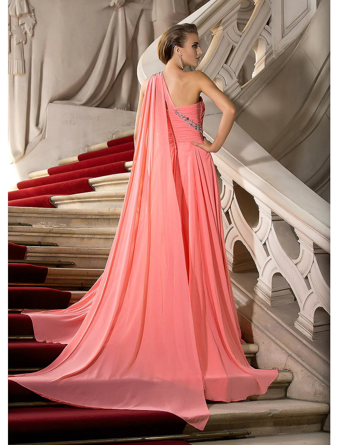 A-Line Elegant Dress Wedding Guest Court Train Sleeveless One Shoulder Chiffon with Crystals