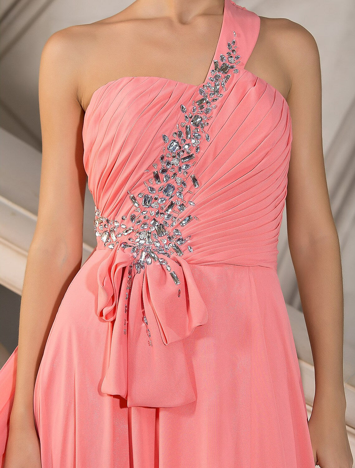 A-Line Elegant Dress Wedding Guest Court Train Sleeveless One Shoulder Chiffon with Crystals