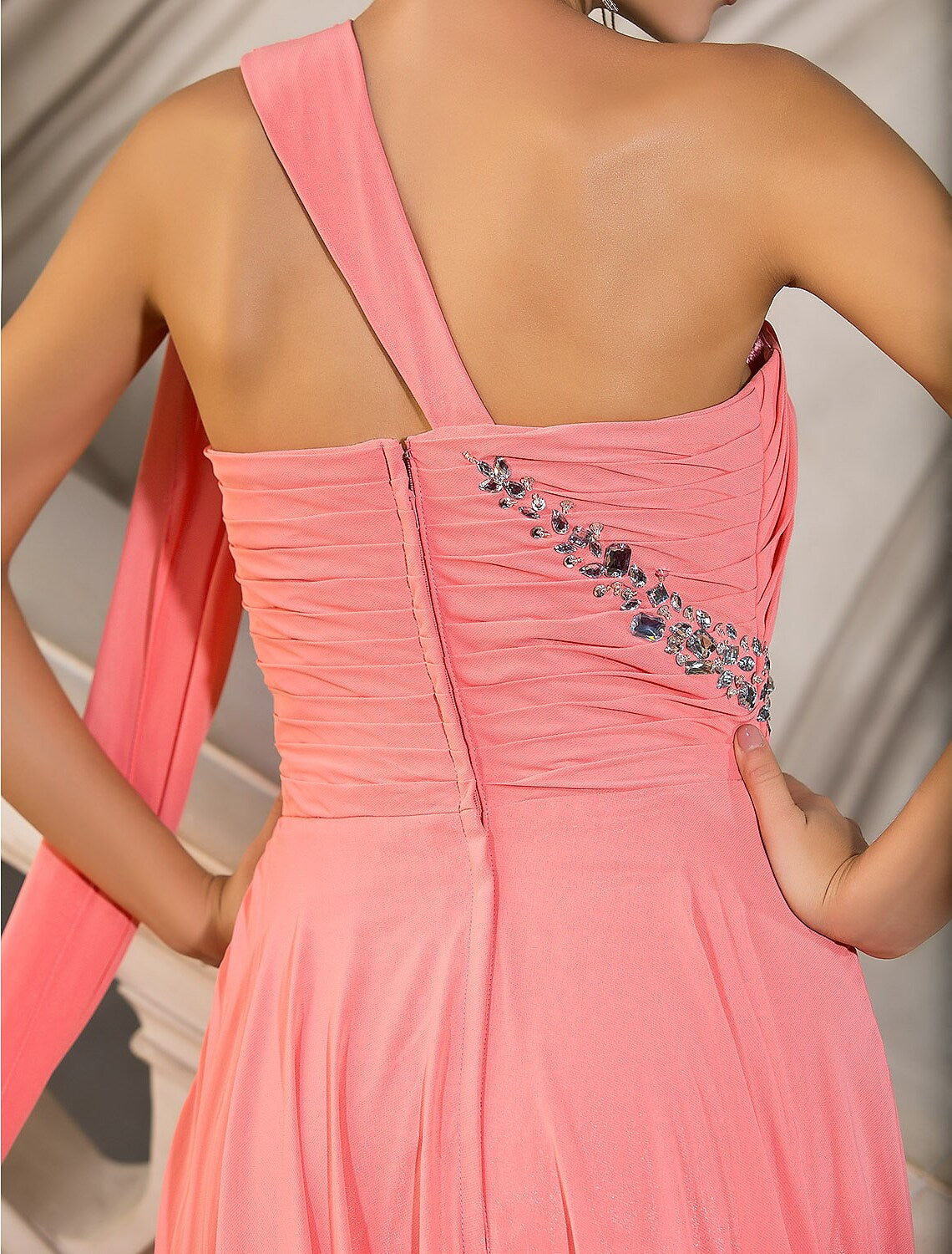 A-Line Elegant Dress Wedding Guest Court Train Sleeveless One Shoulder Chiffon with Crystals