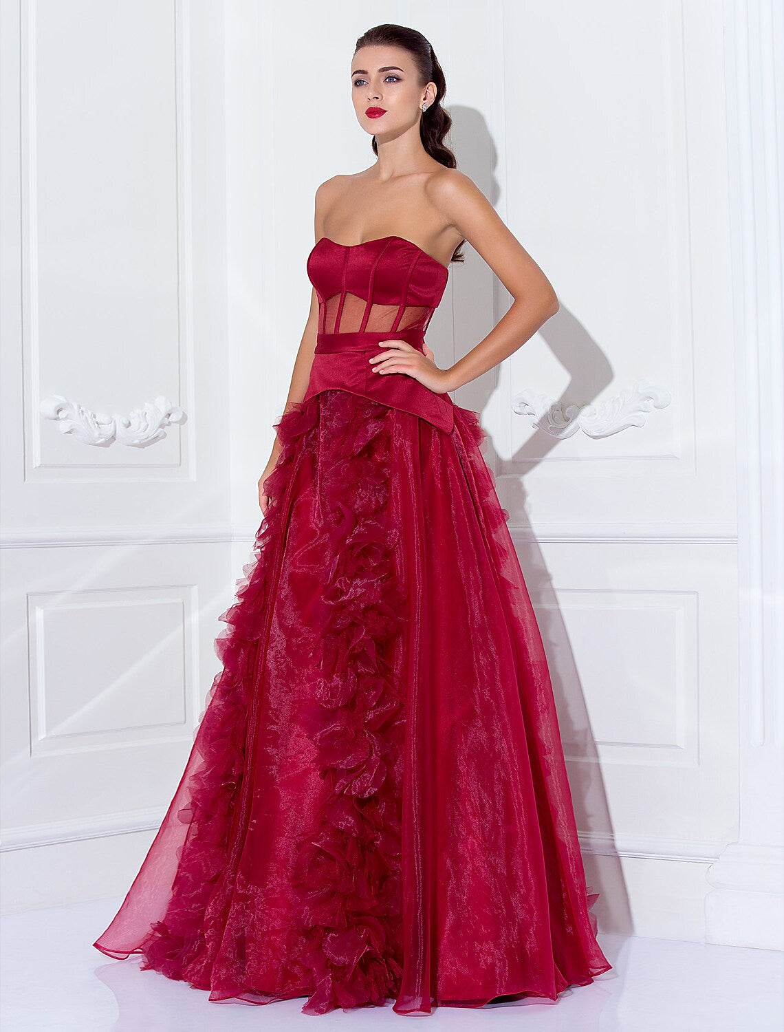 Ball Gown Celebrity Style Dress Holiday Floor Length Sleeveless Strapless Satin with Sash