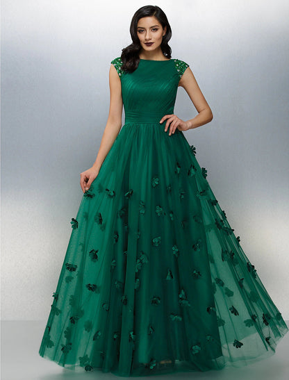 A-Line Floral Dress Wedding Guest Floor Length Short Sleeve Boat Neck Tulle Evening Dresses