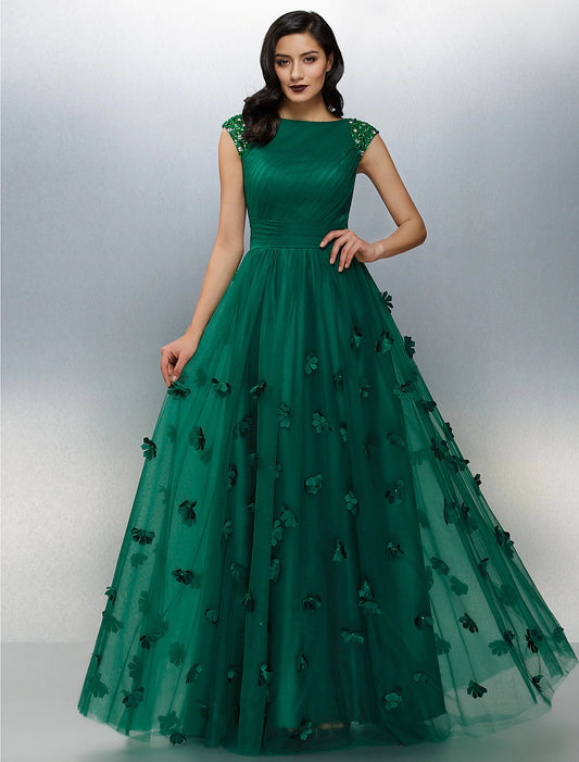 A-Line Floral Dress Wedding Guest Floor Length Short Sleeve Boat Neck Tulle Evening Dresses