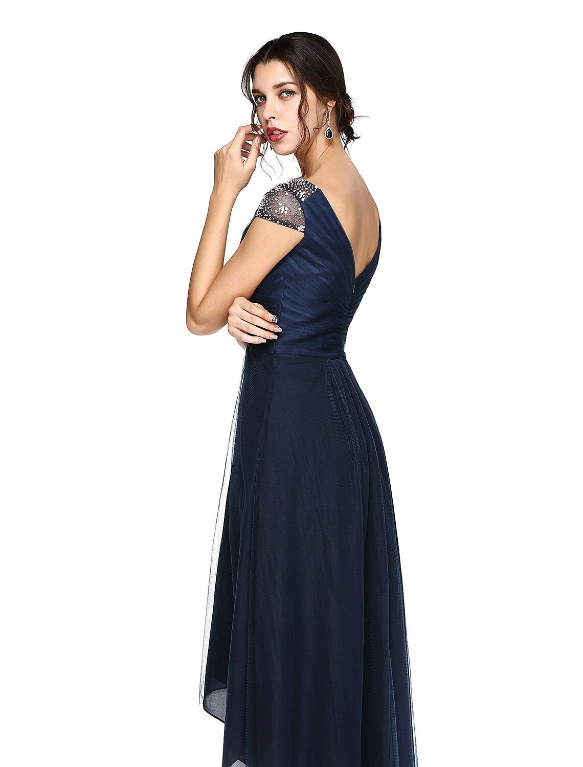 Sheath / Column Minimalist Dress Wedding Guest Asymmetrical Short Sleeve V Neck Tulle V Back with Criss Cross Pleats