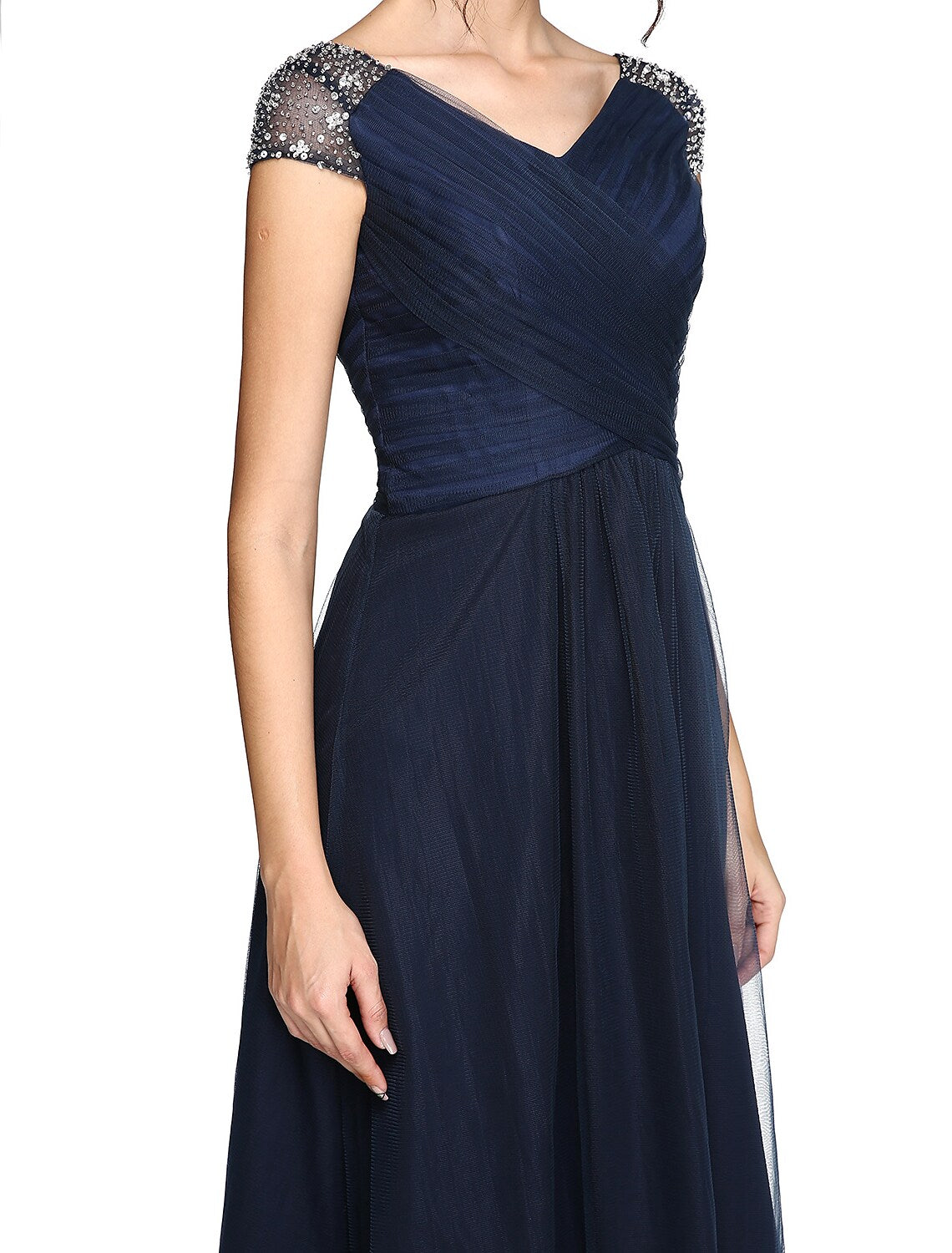 Sheath / Column Minimalist Dress Wedding Guest Asymmetrical Short Sleeve V Neck Tulle V Back with Criss Cross Pleats