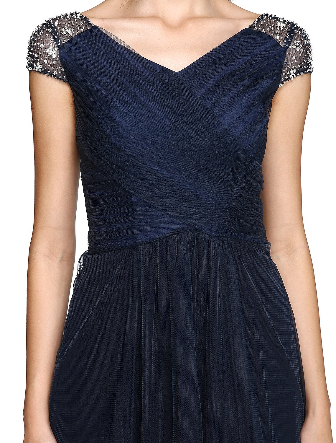 Sheath / Column Minimalist Dress Wedding Guest Asymmetrical Short Sleeve V Neck Tulle V Back with Criss Cross Pleats