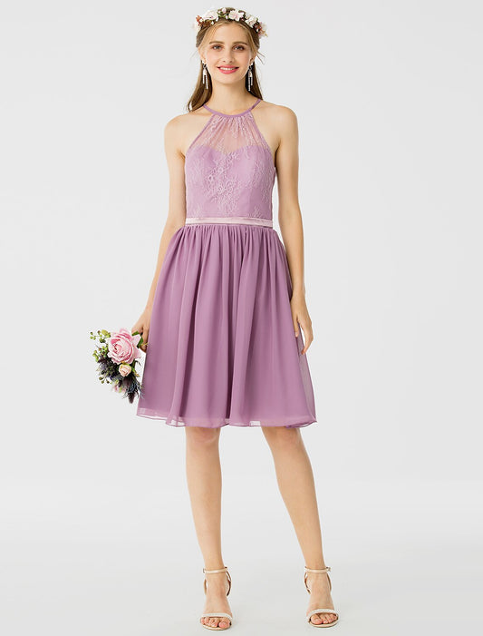 A-Line / Princess Halter Neck Knee Length Chiffon / Corded Lace Bridesmaid Dress with Sash