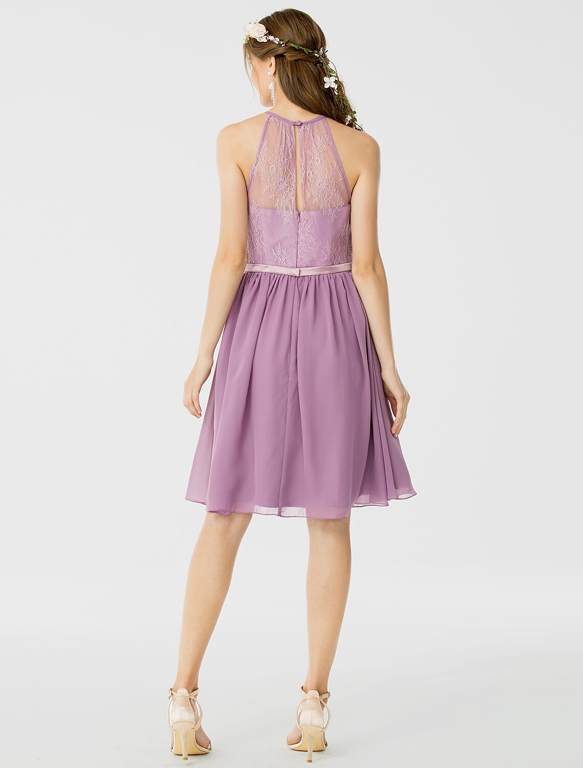 A-Line / Princess Halter Neck Knee Length Chiffon / Corded Lace Bridesmaid Dress with Sash