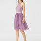 A-Line / Princess Halter Neck Knee Length Chiffon / Corded Lace Bridesmaid Dress with Sash