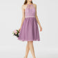 A-Line / Princess Halter Neck Knee Length Chiffon / Corded Lace Bridesmaid Dress with Sash